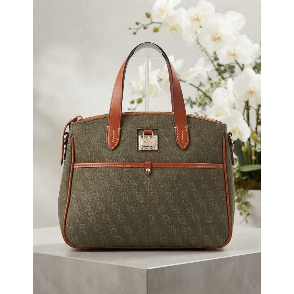Dooney & Bourke Monogram Jacquard Satchel Olive Green Leather Trim Handbag
